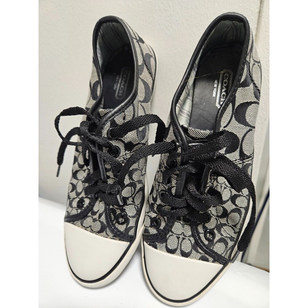 Women COACH BARRETT SIZE 7 B Gray Black Canvas & Patent Leather Sneakers Shoes - Picture 4 of 5